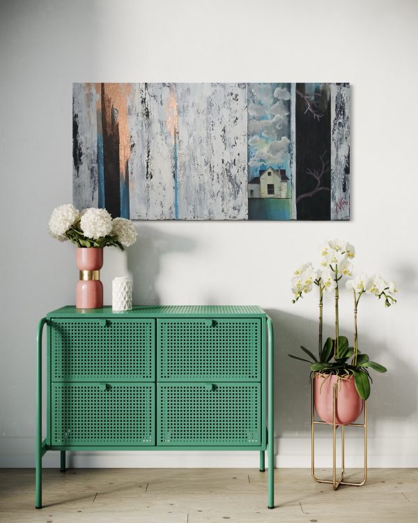 Stretched on Canvas Medium: Acrylic + Rose Gold Leaf on Canvas Dimensions: 57cm x 118cm.