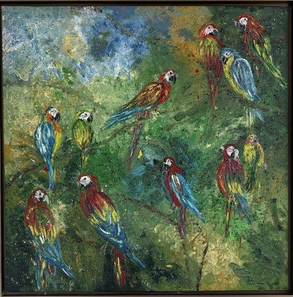 Parrots Painting Mixed Media on Canvas Artist: Fabienne Fakhoury Kassis Dimensions: 120cmx120cm