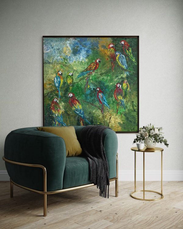 Painting: Mixed Media on canvas Year: 2019 Title: Parrots Style: Contemporary Art Dimensions: 120cmx120cm